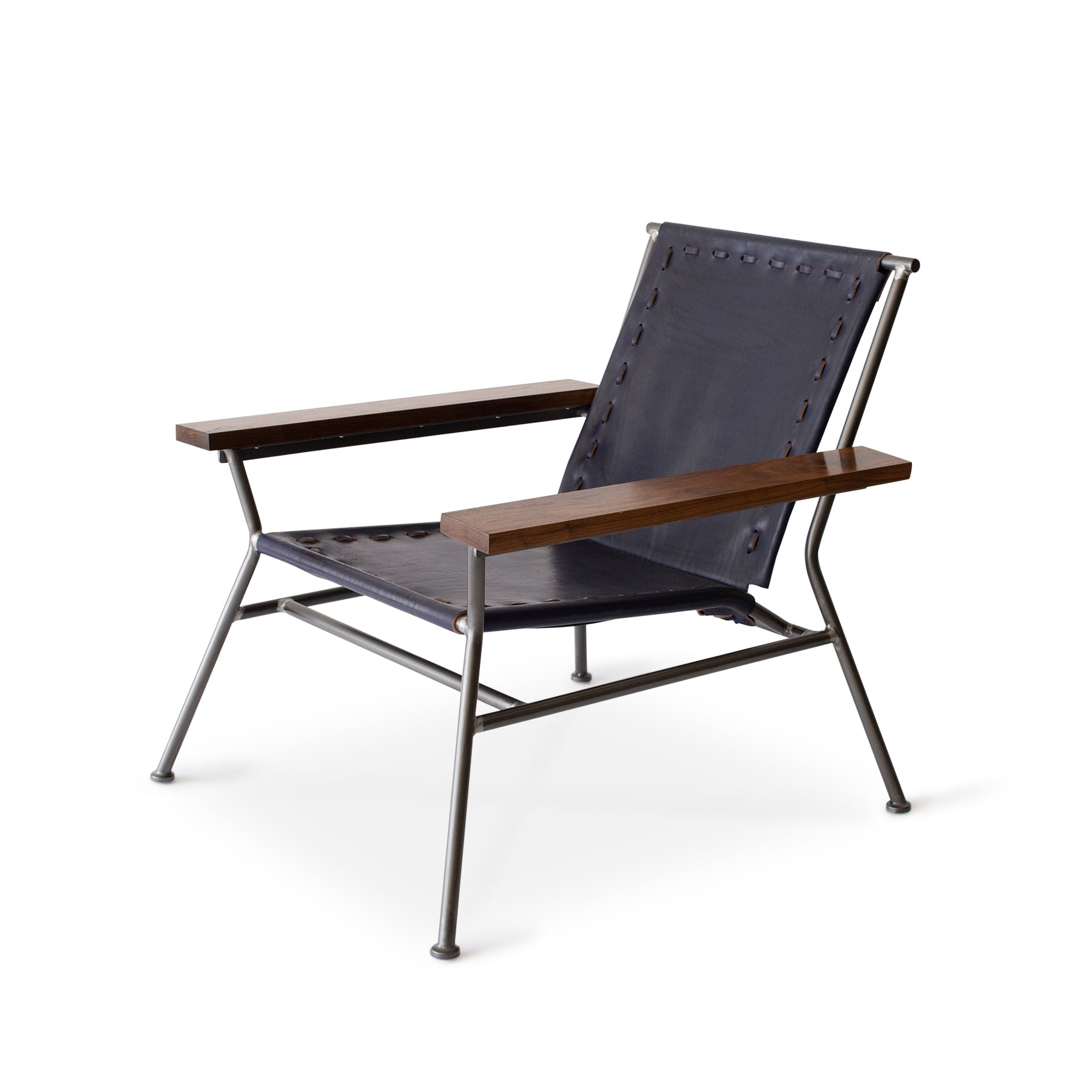 Saddle Leather Arm Chair in Blue with Natural Steel Base